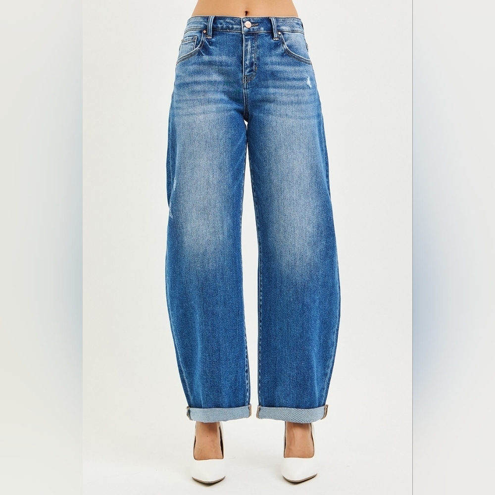 RISEN Mid Rise Dark Wash Barrel Jeans Double Roll Cuffed Full Length Various NEW - Picture 4 of 15